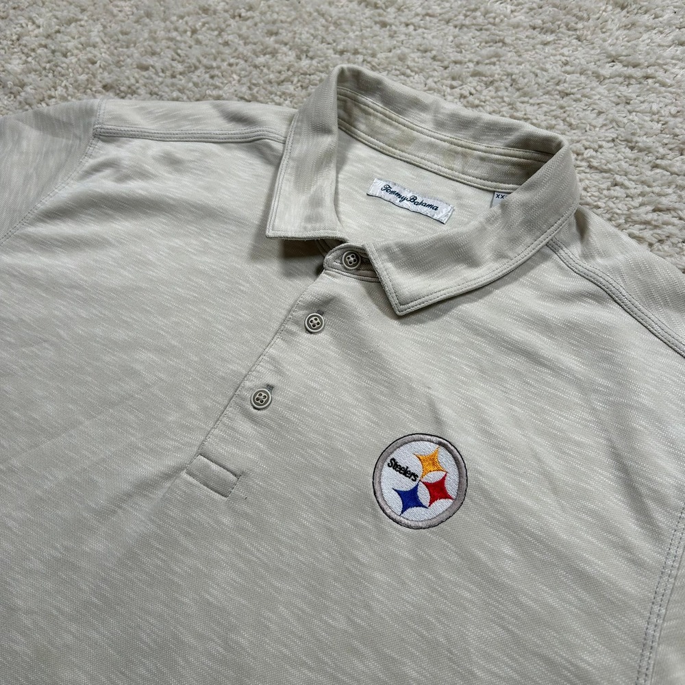 Tommy Bahama Polo Shirt XXL Beige Pittsburgh Steelers NFL Short Sleeve